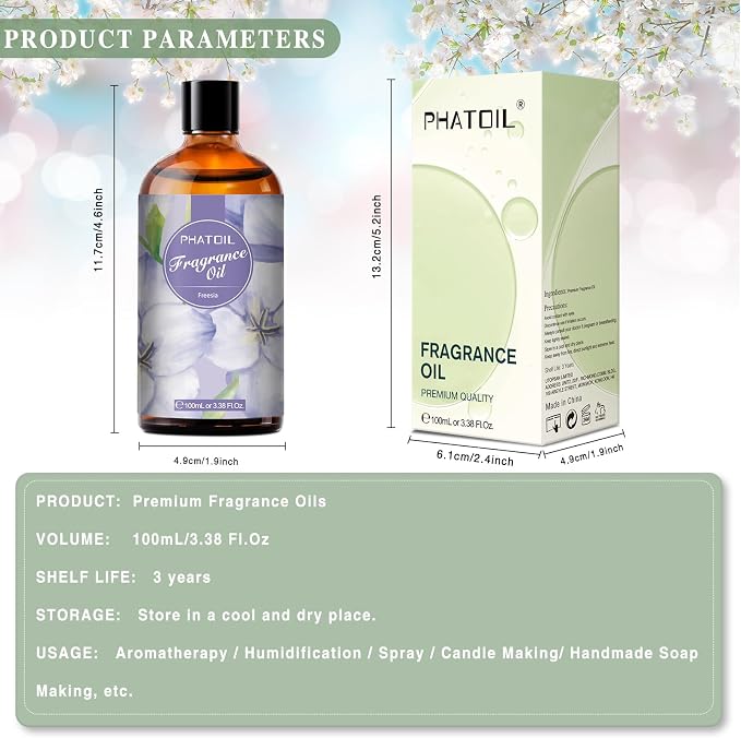 PHATOIL 3.38FL.OZ Freesia Fragrance Oils for Aromatherapy, Essential Oils for Diffusers for Home, Perfect for Diffuser, DIY Candle and Soap Making, DIY Scented Products - 100ml | Long Lasting Scented Oils For Humidifier, Air Freshener, DIY Soap Candle,...