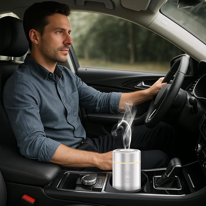 SEEDSEEL 100ML Car Essential Oil Diffuser, Rechargeable Battery Powered, Cordless Portable Aromatherapy Diffuser with 7 LED Color Lights 2 Timer Modes for Car Room Home Office (Silver)