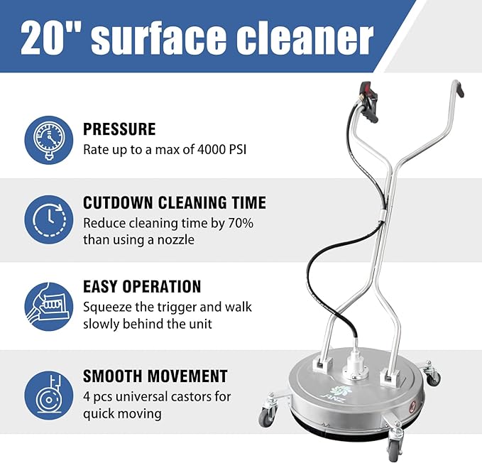 JANZ 20'' Pressure Washer Surface Cleaner with Dual Handle | with 4 Wheels,Stainless Steel Housing,4 Replacement Nozzles and 2 Hose Adapters, for Driveways, Sidewalks Cleaning