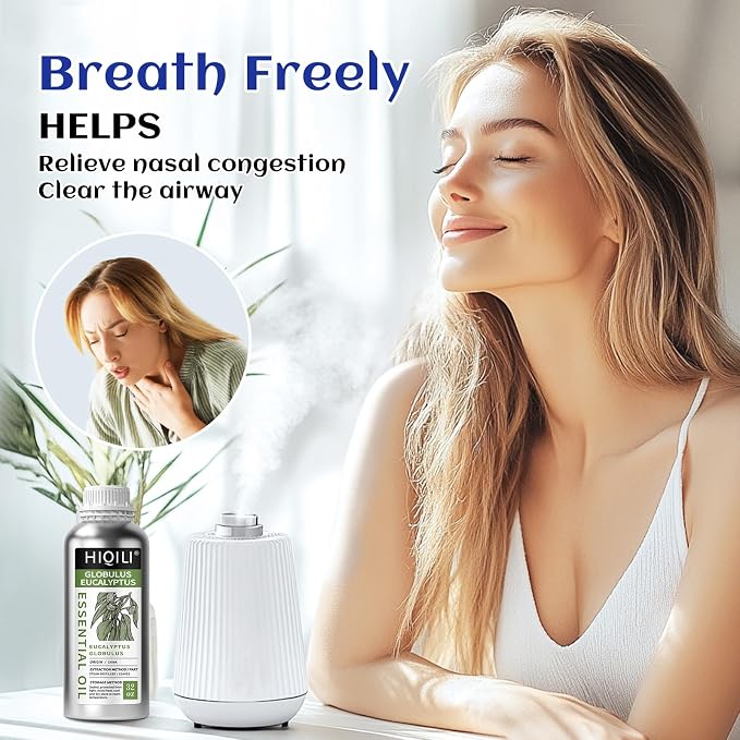 HIQILI Eucalyptus Essential Oil for Spray, Diffuser & Skin | with Four Travel Vials, Massage and DIY Creations, Diffuse for a Clear Surrounding —1000ml / 32 fl oz