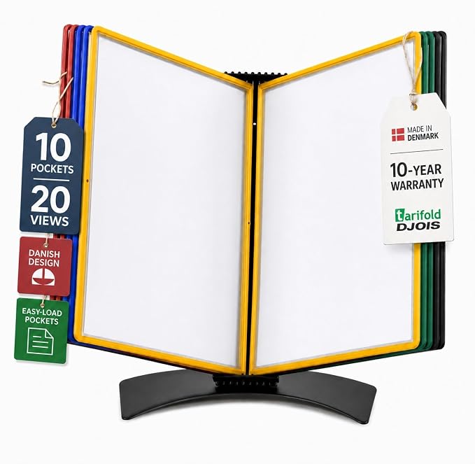 Tarifold Desktop Reference System, 10 Pockets, Easy-Load Design, Assorted | 10 double-sided polypropylene pockets, holds 20 letter-size sheets, sturdy metal base, quick-find indexing, easy to assemble