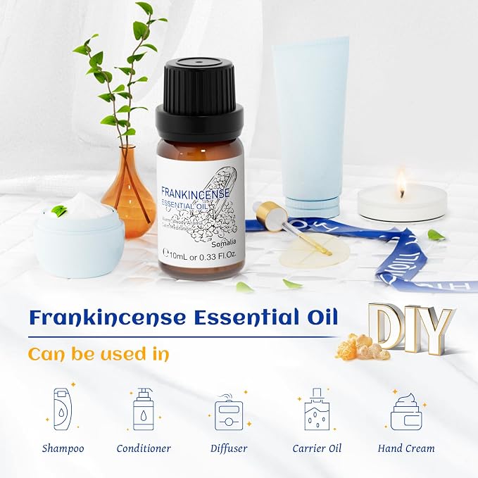 HIQILI 0.33 Fl Oz Frankincense Essential Oil, Relaxing, Skin Care, Camp Atmosphere Creation, Can be Added to Body Lotions, Creams, Aromatherapy Use - 10ml | Mix with Face Cream to Boosts Skin Texture, Relaxes Knee, Feet, Shoulder, and Waist during Spa ...