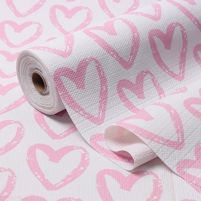 Heart Drawer Liner for Cabinets 16IN x 10FT,Shelf Liner Non-Adhesive and Strong Non-Slip Cabinet Drawer Liners for Kitchen,Table,Bookshelves,Waterproof Cupboard Liners,Pink