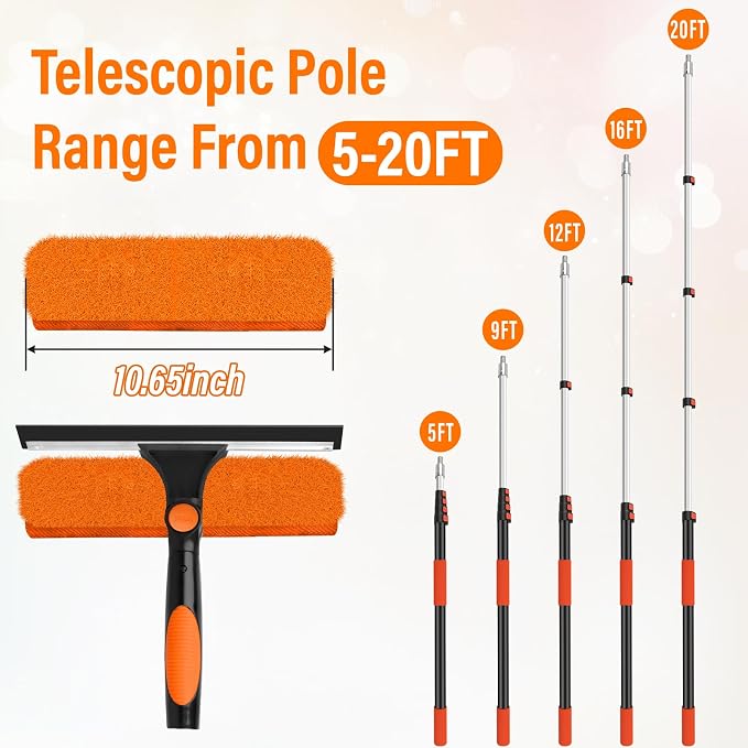 26FT Telescoping Window Squeegee Kit | 2-in-1 Window Washer & Microfiber Scrubber with Extension Pole | High Reach Cleaning Tool for Outdoor, Indoor Windows & Glass
