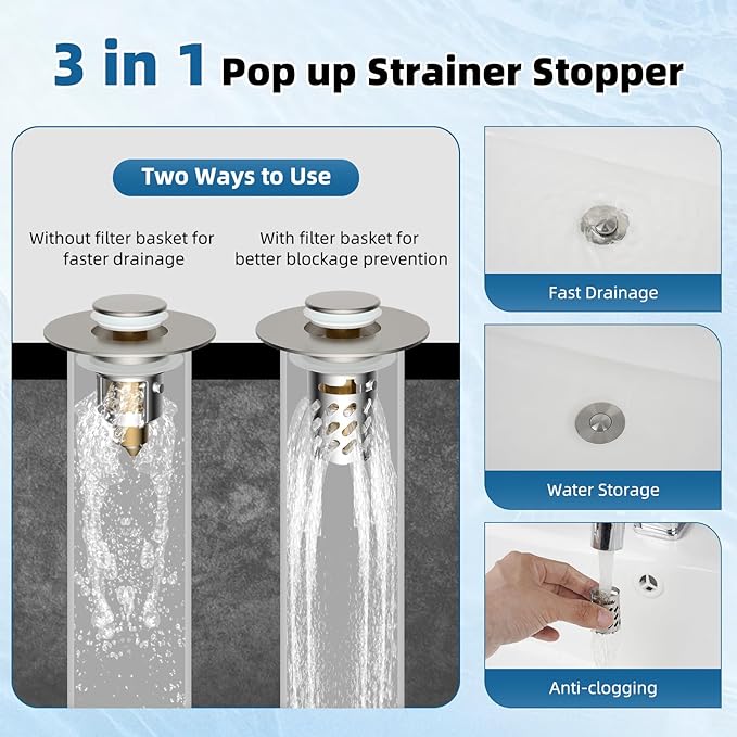 iFealClear 2 Pack Metal Bathroom Sink Stopper, Pop Up Sink Drain Strainer with Removable Stainless Steel Filter Basket, Universal for 1.1"-2.36" Sink, Brass Bounce Core, Hair Catcher, Brushed Nickel