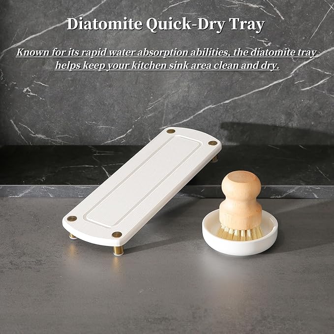 MOMEEMO Gold Soap Dispenser Set Comes with Stainless Steel Pumps, Instant Dry Tray, and Dish Scrub Brush, Suitable for Kitchen Decor and Accessories. (Gold)