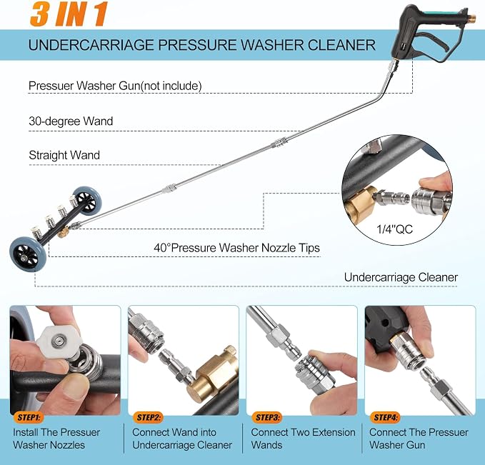 3-In-1 Under Carriage Pressure Washer, 16 Inch Pressure Washer Water Broom | Pressure Washer Undercarriage Cleaner Attachment for Power Washer Surface Cleaner with 3 Extension Wands and 8 Nozzles