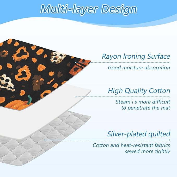 Ironing Mat Portable Ironing Pad Ironing Blanket for Table Top Heat Resistance Double-Side Using Travel Large 47.2 x 27.6 Inch Foldable Halloween Leopard Pumpkin Skull Brown