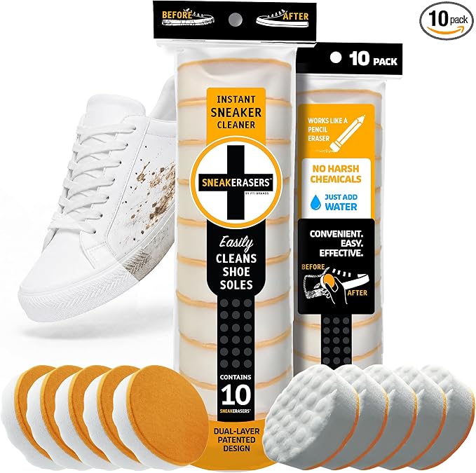 SneakERASERS Instant Sneaker Cleaner, Premium Shoe Cleaning Kit for Sneakers, Dual-Sided Sponges, Effective for Tennis Shoes & Women Men Sneakers, Gentle Rub Design (10 Pack)