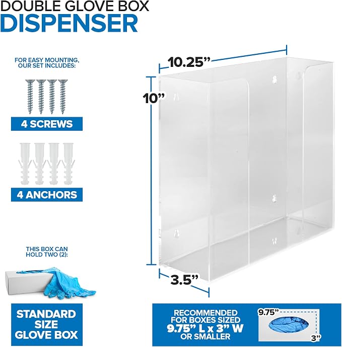 Stock Your Home Double Acrylic Gloves Dispenser, Tissue Box Shelf, Glove Holder Wall Mount, For Kitchen, Cleaning Closet, Lab, Exam, Office