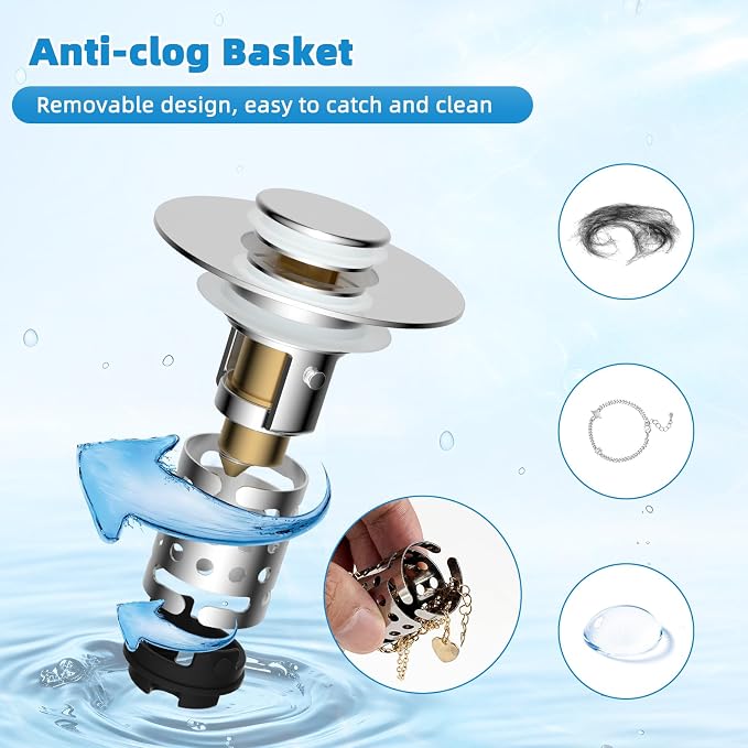 2PCS Universal Bathroom Sink Drain Strainer Hair Catcher, Chrome | Upgraded with 2-Layer Detachable Filter Basket, 4 in 1 Pop Up Drain Strainer, Anti-Clog, Fit for 1.1''~2.36'' Sinks