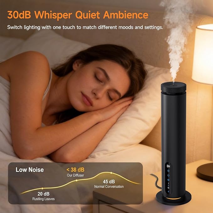 Waterless Essential Oil Diffuser, 1000 Sq.Ft Coverage, Smart App & Remote Control Scent Machine, 3 Color Ambient Lights, Adjustable Mist, Quiet Aromatherapy Diffuser for Home Large Room Hotel, Black