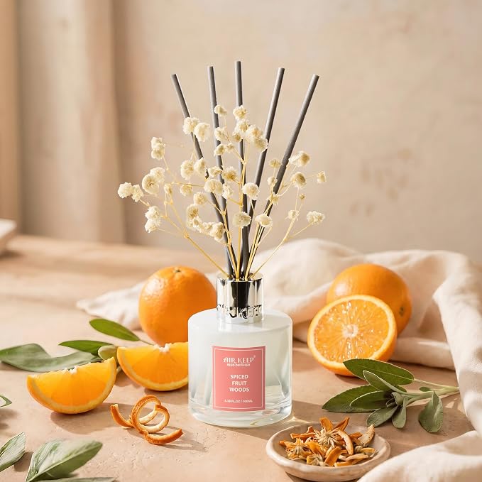 Reed Diffuser Set,3.38 fl oz (100 ml) - Spiced Fruit Woods Oil Diffusers with 8 Reed Sticks, Home Fragrance Reed Diffuser for Bathroom Shelf Decor
