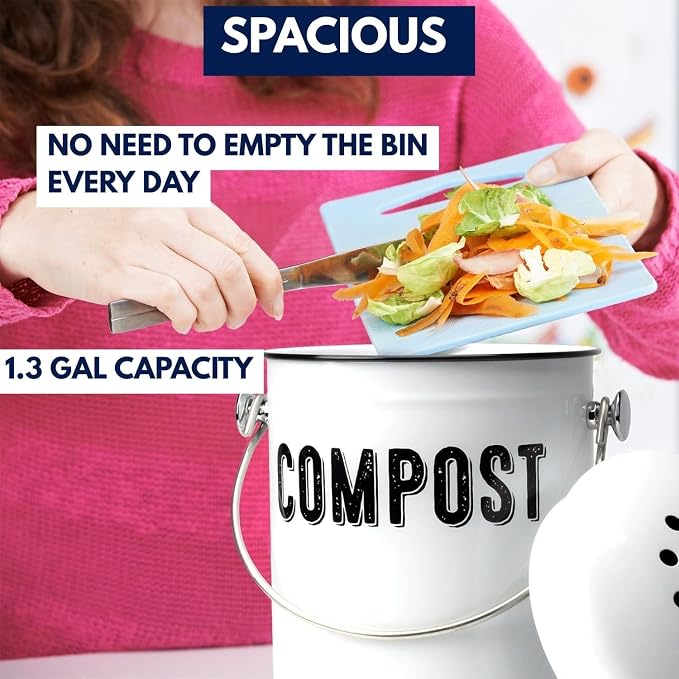 Granrosi Compost Bin Kitchen Counter, 1.3 Gallon, 3 Charcoal Filters | Countertop Composter Pail with Lid, Stainless Steel Counter Top Bin, Rust-Free Farmhouse Indoor Compost Bucket, White Oval