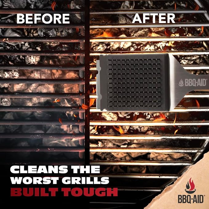 BBQ Grill Brush for Outdoor Grill Cleaner and Scraper, Replaceable Head | Barbecue Grill Cleaning Brush with No-Scratch Stainless Steel Bristles and Extended Red Handle, Safe for Any Grill Grate