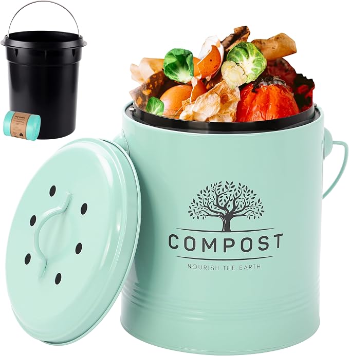 Perfnique Kitchen Compost Bin, 1.3 Gallon Countertop Compost Bin with Lid, Indoor Compost Bucket Includes Inner Bucket Liner and Carbon Filter, Small Compost Bin with Trash Bags (with Bags, Mint)