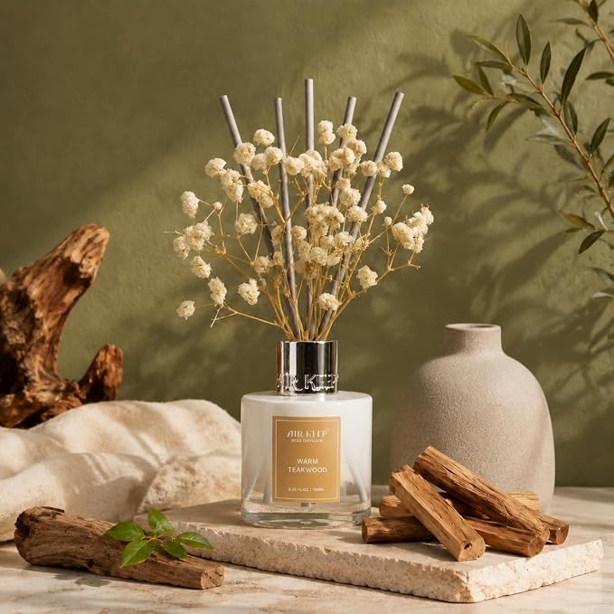 Reed Diffuser Set,3.38 fl oz (100 ml) - Warm Teakwood Oil Diffusers with 8 Reed Sticks, Home Fragrance Reed Diffuser for Bathroom Shelf Decor