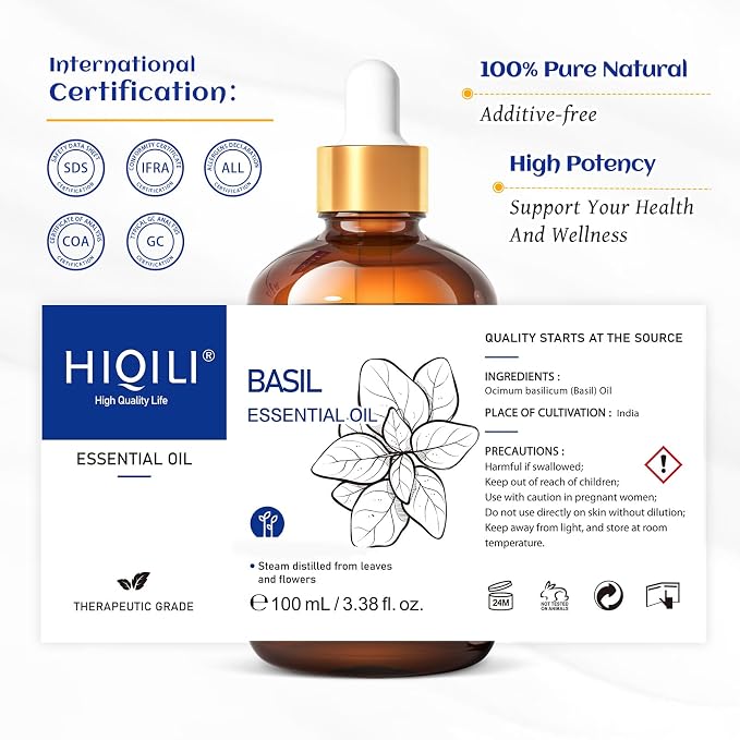 HIQILI Basil Essential Oil for Aromatherapy Diffuser, Hair Care | Perfect for bedroom, yoga, skin care. Promotes calm relaxation, body massage, DIY soap and candle - 100mL / 3.38 fl.oz