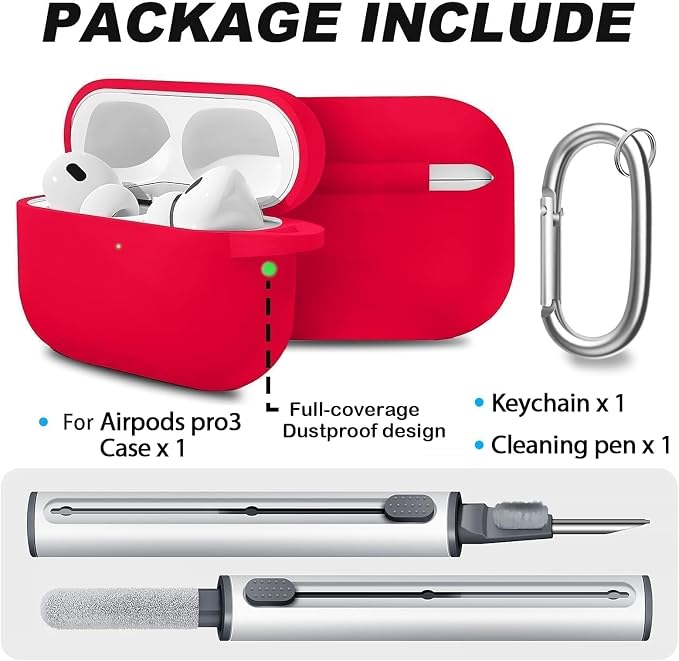 Full-Coverage dustproof Design for AirPods Pro 3 Case Cover with Cleaner Kit, Soft Silicone Cover for AirPods Pro 3rd Generation Comes with Keychain,Suitable for 3rd Generation Case,Red