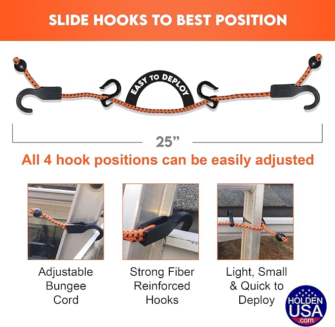 Holden USA - Adjust-A-Hook Ladder Bungee - Ladder Stabilizer Hook – Secure Ladder Safety Support for Roofs, Gutters, and Painting Prep – Durable Ladder Hook Attachment for Roofing and Gutter Work