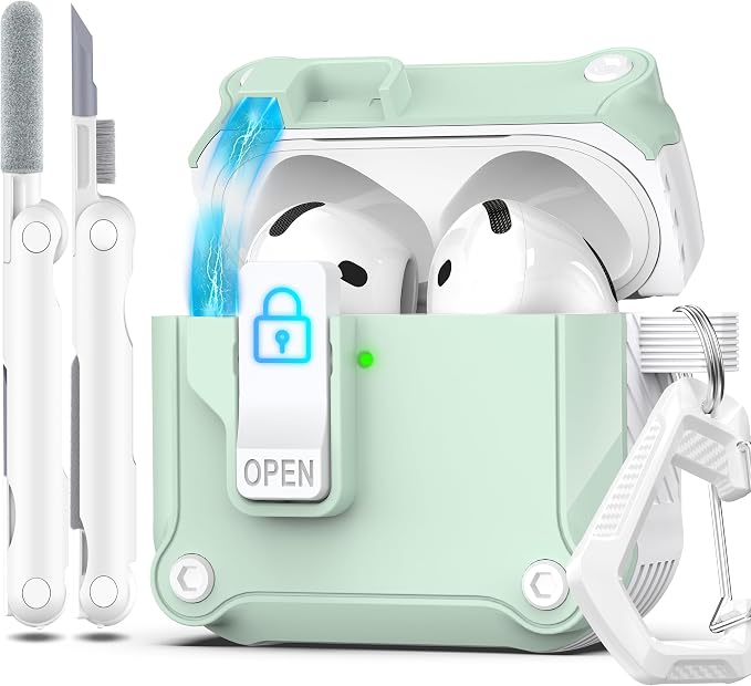 R-FUN for AirPods 4 Case with Lock Magnetic Lid MagSafe, White Mint Grn | Compatible with Apple AirPods 4th Generation Protective Case with Cleaner Kit & Carabiner, Powerful Drop Protection