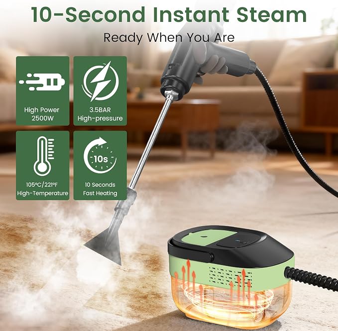 Granarbol Steam Cleaner, 2500W 1.6L Handheld Steamer for Home Car Cleaning | 10s Heat-up, 19pcs Accessories, 3 Levels, Chemical-free Cleaning for Kitchen, Floor, Bathroom, Car Interior, Black & Green