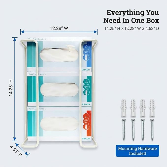 Triple Glove Box Holder for Wall Mount, Metal Dispenser - PERFORMORE | Disposable Glove Dispenser, Holds 3 Boxes, Powder-Coated Wire Rack, Fits Tissue Boxes, Hardware Included, White