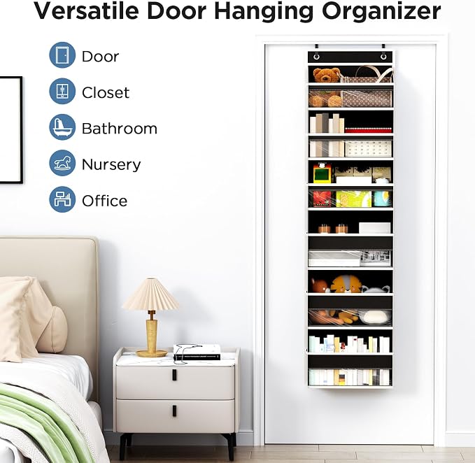 6 Tiers Over The Door Organizer, Behind The Door Storage Hanging Shelves | Heavy Duty Hanging Organizer Storage with Large Capacity Pockets for Closet Wall Bathroom Bedroom Nursery Pantry, 1 Black