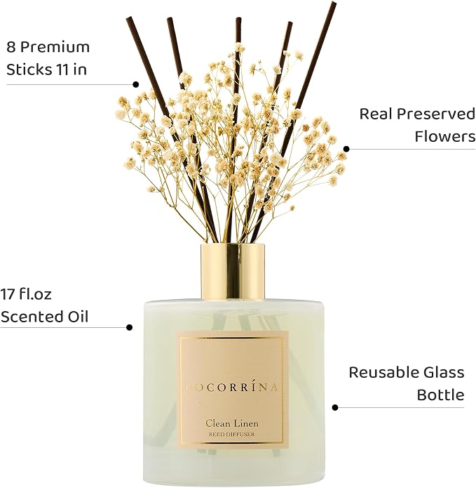 Reed Diffuser - Clean Linen 17 Fl.oz Reed Diffuser with 8 Sticks Scented Diffuser with Preserved Flowers for Bathroom Home Decor