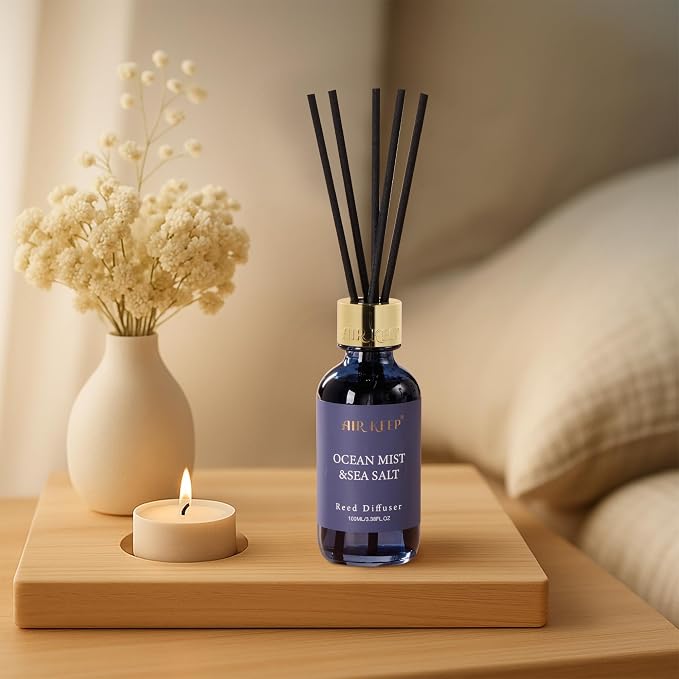 Reed Diffuser Set, 3.38 fl oz (100 ml) - Ocean Mist&Sea Salt Oil Diffusers with 8 Reed Sticks, Home Fragrance Reed Diffuser for Bathroom Shelf Decor