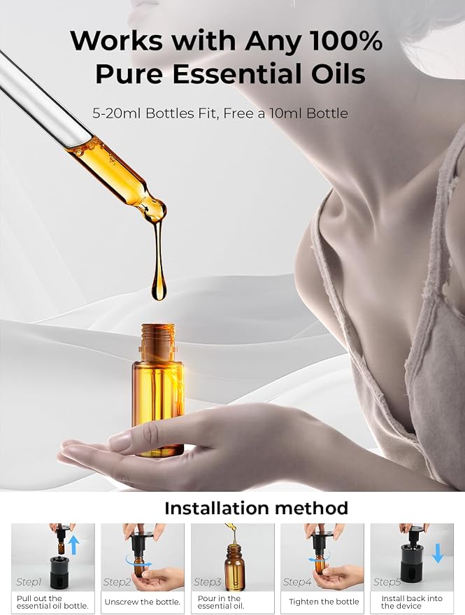 Waterless Essential Oil Diffuser: 𝟗-𝐂𝐨𝐥𝐨𝐫 𝐋𝐄𝐃 for Home | Portable Scent Diffuser - No Water No Heat For Pure Aroma - 48H Battery 3 Mist Levels & 4 Timers for Car Office