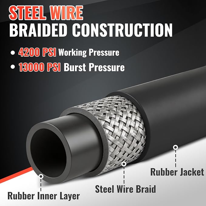 YAMATIC 3/8" Pressure Washer Hose 100FT, 4200 PSI Steel Wire Braided with 360 Swivel 3/8" Quick Connect, Hot Water 212 F°Commercial Power Washer Hose for Simpson DeWalt Generac Troy-Bilt