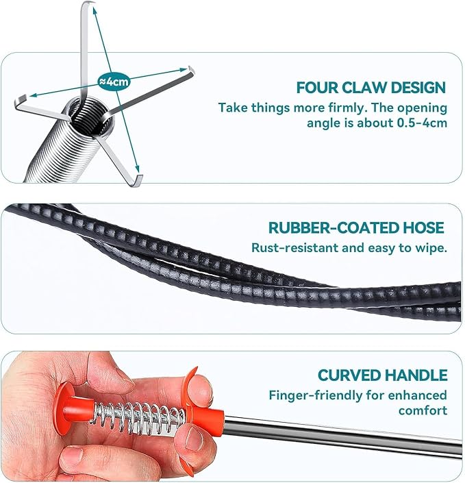 Drain Snake,76 inch Flexible Grabber Claw Pick Up Reacher Tool,Drain Clog Remover - Gutter Cleaning Tools for Home Sink, Bathroom Tub,Drain, Toilet, Tight Spaces