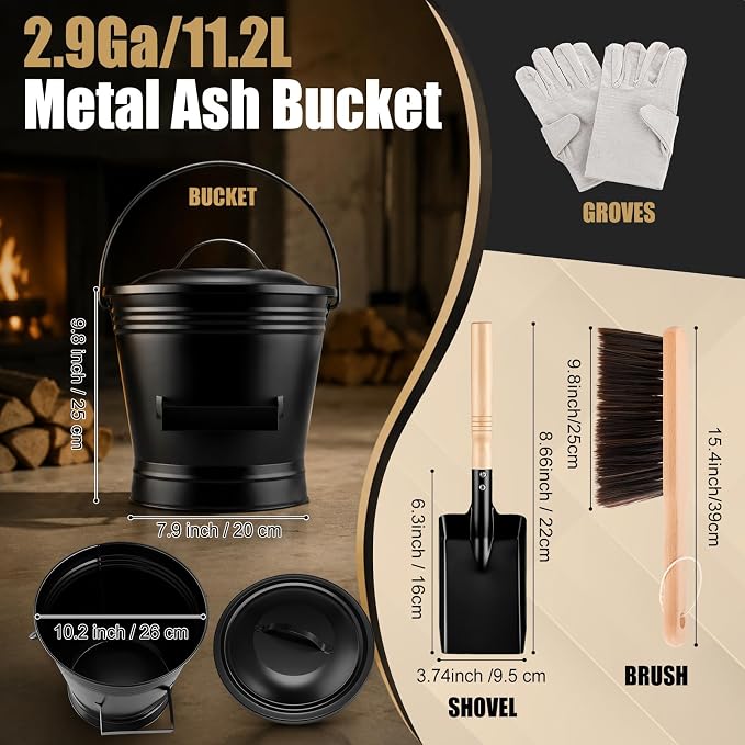 Patelai 7 Pcs Heavy Duty Fireplace Tool with 1.5gl Metal Ash Bucket with Lid Shovel Broom Wood Fire Pit Bellows 32" Long Fire Poker 26" Fireplace Tong, Glove(Slender)