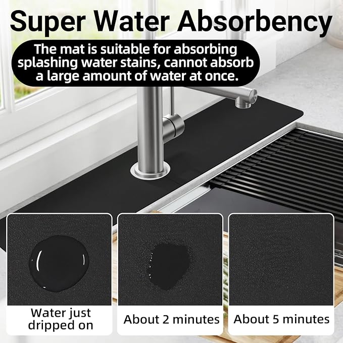 LOPNUR Faucet Mat for Kitchen Sink Cuttable, 24 Inch Long Sink Splash Guard Behind Faucet, Super Absorbent Diatomite Sink Protector Mat, Bathroom Water Splash Guard Fast Dry, Easy to Cut, Black
