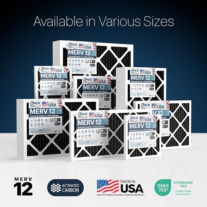 BNX TruFilter 16x25x1 MERV 12 Odor Defense (4-Pack) AC Furnace Air Filter with Activated Carbon - MADE IN USA - Pleated Air Conditioner HVAC AC Furnace Filters - Removes Odor, Mold, Bacteria, Smoke