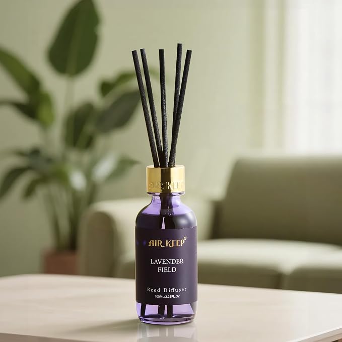 Reed Diffuser Set, 3.38 fl oz (100 ml) - Lavender Field Oil Diffusers with 8 Reed Sticks, Home Fragrance Reed Diffuser for Bathroom Shelf Decor