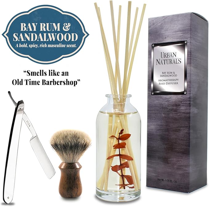 Reed Diffuser Set, Bay Rum & Sandalwood - Bathroom Décor | Powdery Bay Rum, Earthy Patchouli & Musk, A bold, spicy, Masculine scent