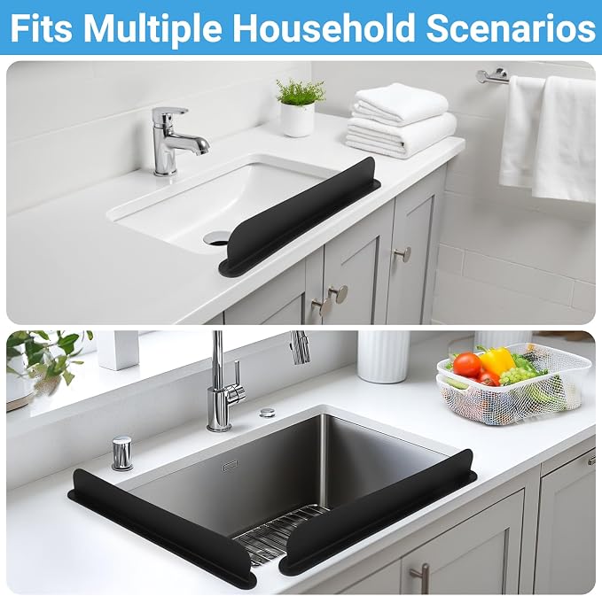 19.3 inch Sink Water Splash Guard, Silicone Sink Splash Guard, Backsplash Protector for Kitchen Countertop & Bathroom Bathtub with Non-Slip Strong Suction, Black, Pack of 2