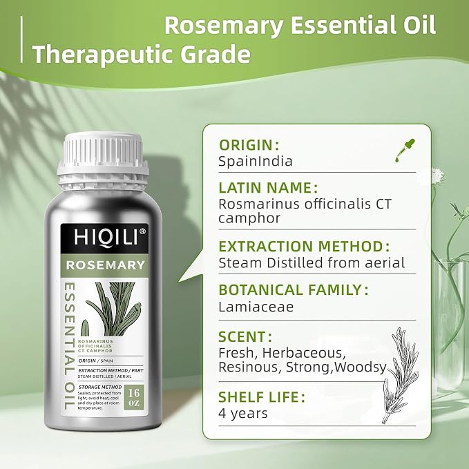 HIQILI Rosemary Oil for Hair Care, Diffuser & DIY | with Two Travel Vial for DIY Shampoos, Conditioners, and Custom Blends, Fresh Scent. —500ml / 16 fl oz