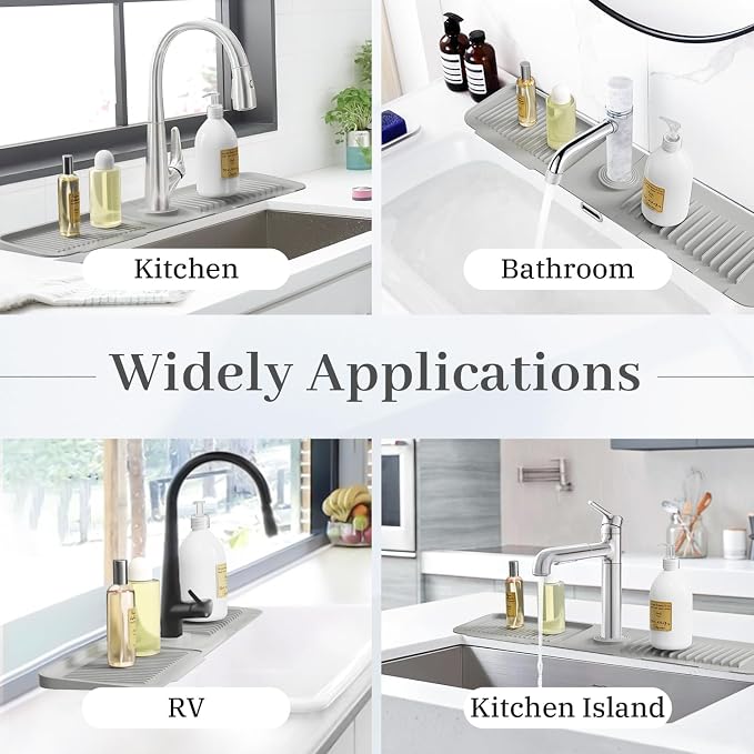 PoYang 24 Inch Faucet Mat for Kitchen Sink Splash Guard Behind Faucet, Sink Protectors for Kitchen Sink Faucet Mat Splash Guard for Kitchen Sink Area, Longer Faucet Guard & Draining Mat, Light Grey