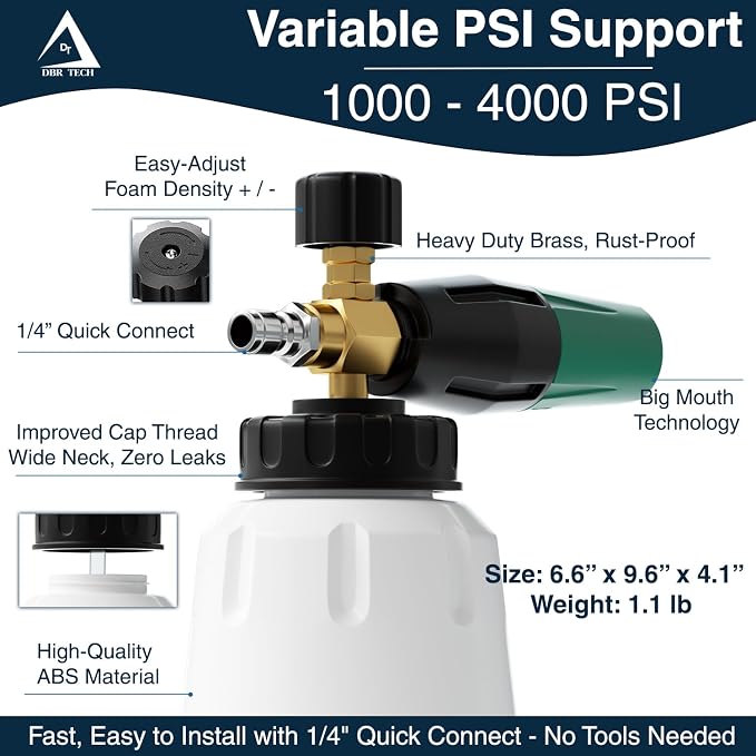DBR Tech® Foam Cannon for Pressure Washer | Pro Grade, 1.1mm Orifice, 1000-4000 PSI