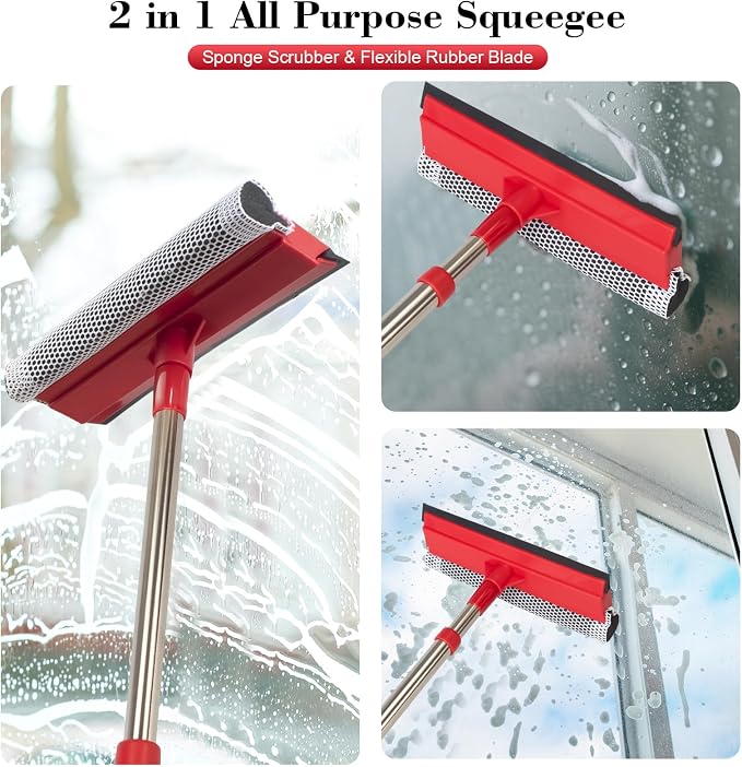 Professional Standard Window Squeegee,2-in-1 Window Cleaner Sponge and Soft Rubber Strip with Retractable Stainless Steel Handle(15.3"-23.6") for Gas Station, Glass,Shower,Outdoor Window Cleaning