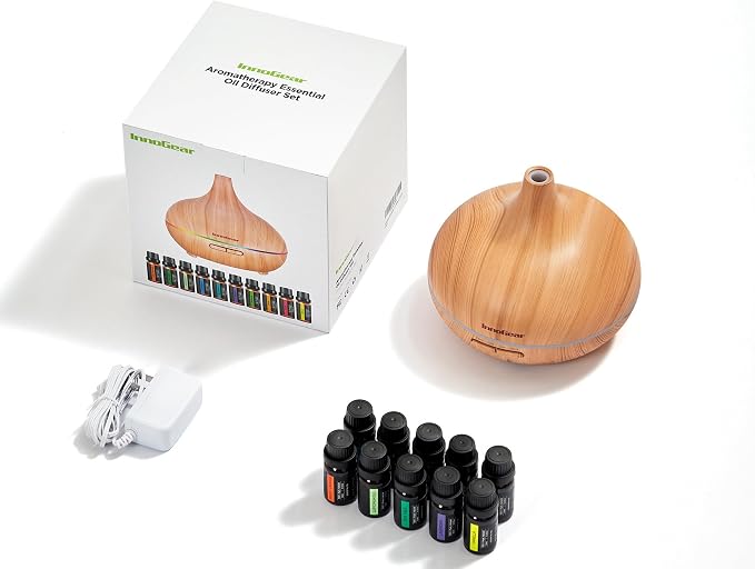 InnoGear 400ml Aromatherapy Essential Oil Diffuser 10 Oils Gift Set, Yellow | Cool Mist Humidifier, Essential Oils, Ultrasonic, 4 Timers, Run up to 12hrs, Large Room, Home, Automatic Shut-Off, Quiet