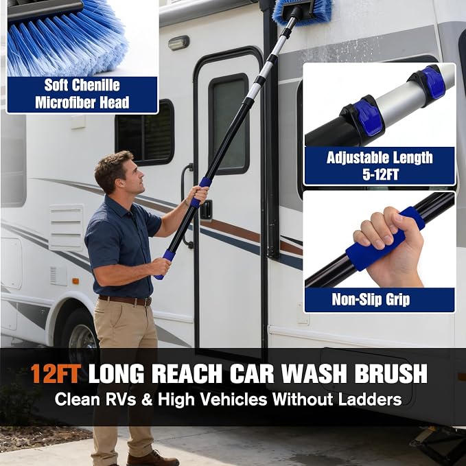 12FT Car Wash Brush with Long Handle - Car Cleaning Kit with 8 Attachments, 180° Rotating Mop, Foldable Bucket, Scratch-Free Soft & Hard Brushes for Cars, Trucks, SUV, RV, Home Windows & Siding