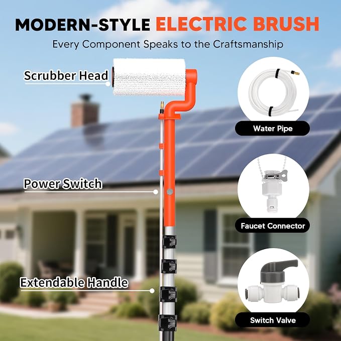 Electric Solar Panel Cleaning Kit, 20FT Telescoping Water Fed Brush | 2 spin speeds and up to 2 hours of runtime for solar panels, high windows, roofs, RVs, boats, and outdoor surfaces.