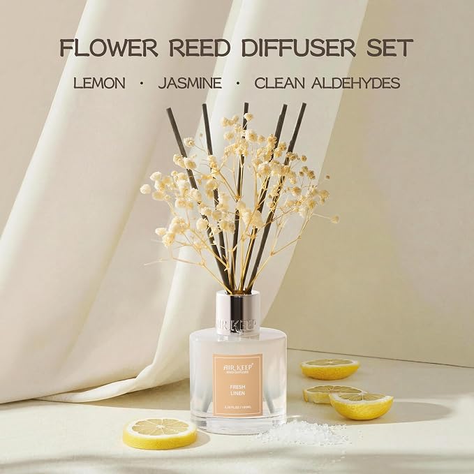 Reed Diffuser Set,3.38 fl oz (100 ml) - Fresh Linen Oil Diffusers with 8 Reed Sticks, Home Fragrance Reed Diffuser for Bathroom Shelf Decor