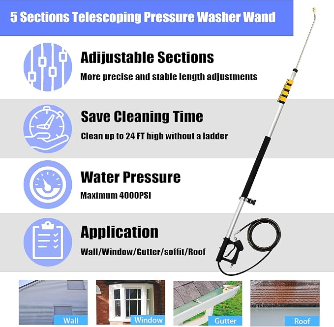 24FT Aluminum Telescoping Pressure Washer Wand with Power Washer Extension Wand, Gutter Cleaner Attachment, Brush Head, 7 Spray Nozzle Tips, Hose Inlet Adapters and Support Harness