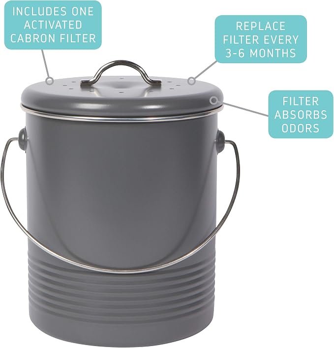 Now Designs Compost Bin Charcoal Powder Coated Steel With Charcoal Filter, 8.5 inches high, 1.25 gallon