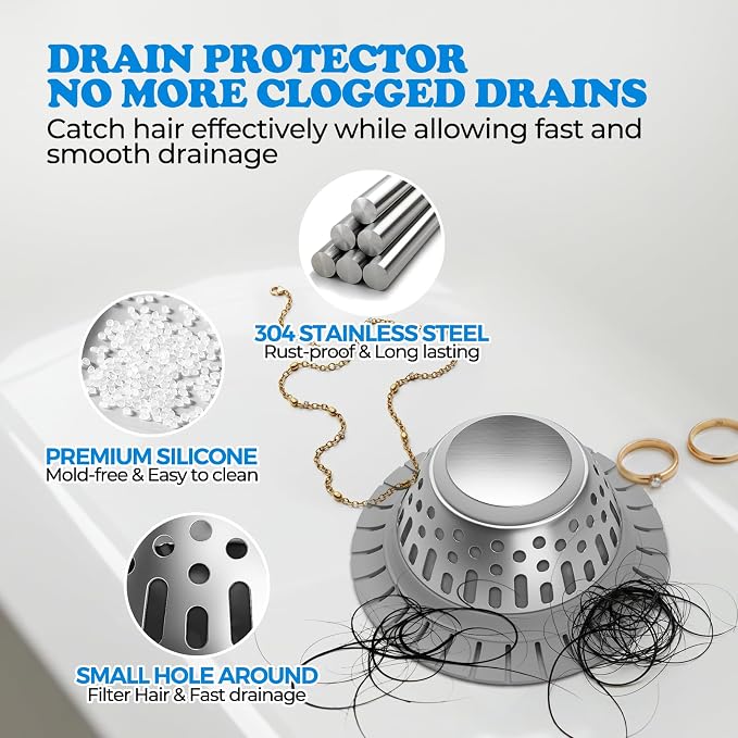 zaa Drain Hair Catcher - Bathtub Drain Cover, Hair Stopper for Bathtub Drain, 304 Stainless Steel Drain Protector and Hair Trap for Flat & Pop-up Drains, Silver Gray